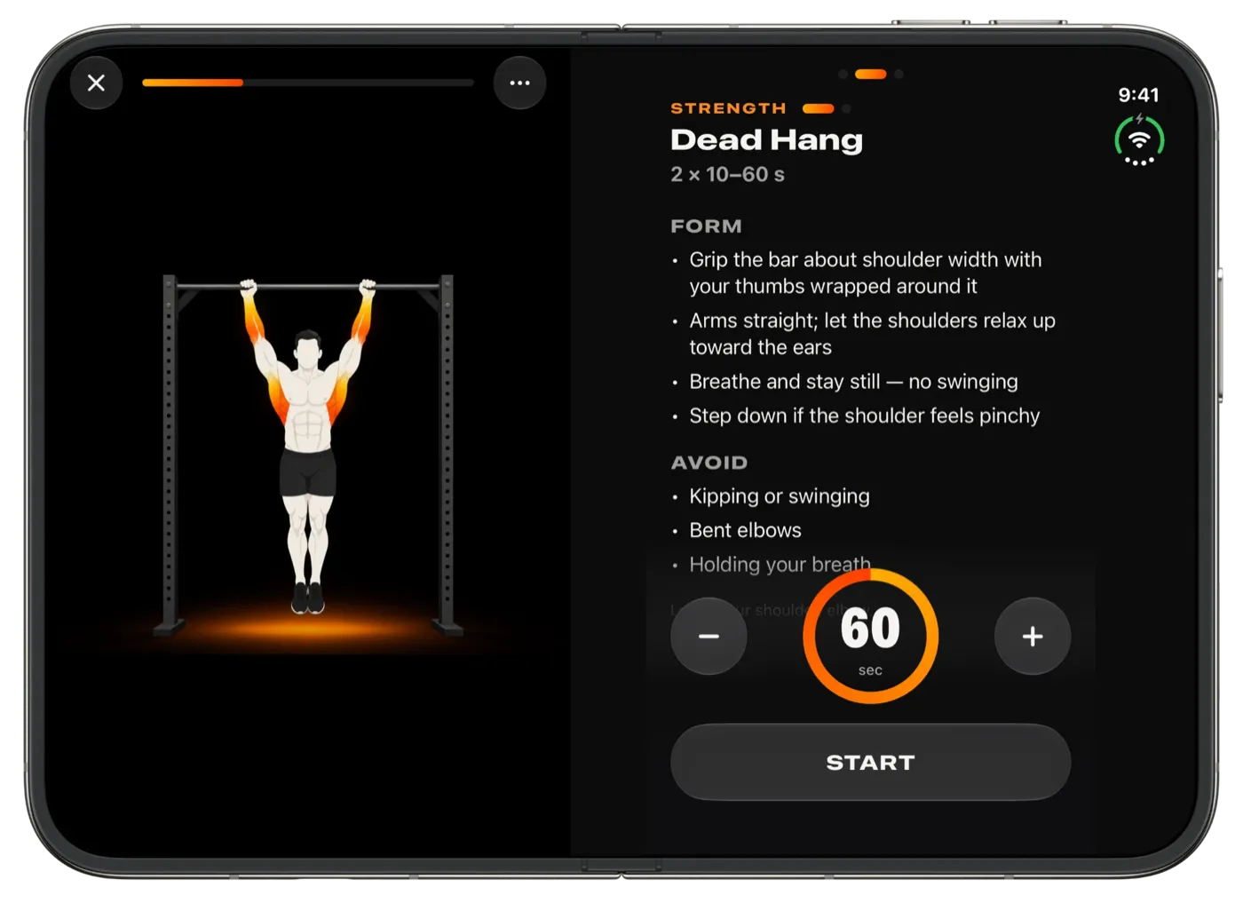 Kalstheno on iPhone Duo, open, with the workout player in two panes