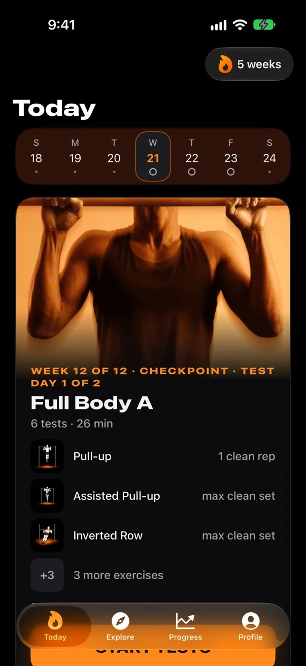 Kalstheno's Today screen: a week strip, a 5-week streak and Full Body A, a 26-minute checkpoint session.